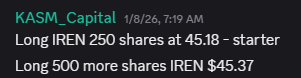 Alpha Pod stock alert showing IREN swing trade entry in Discord